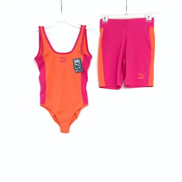Puma Side-Stripe Bodysuit &amp; Bike Shorts Set