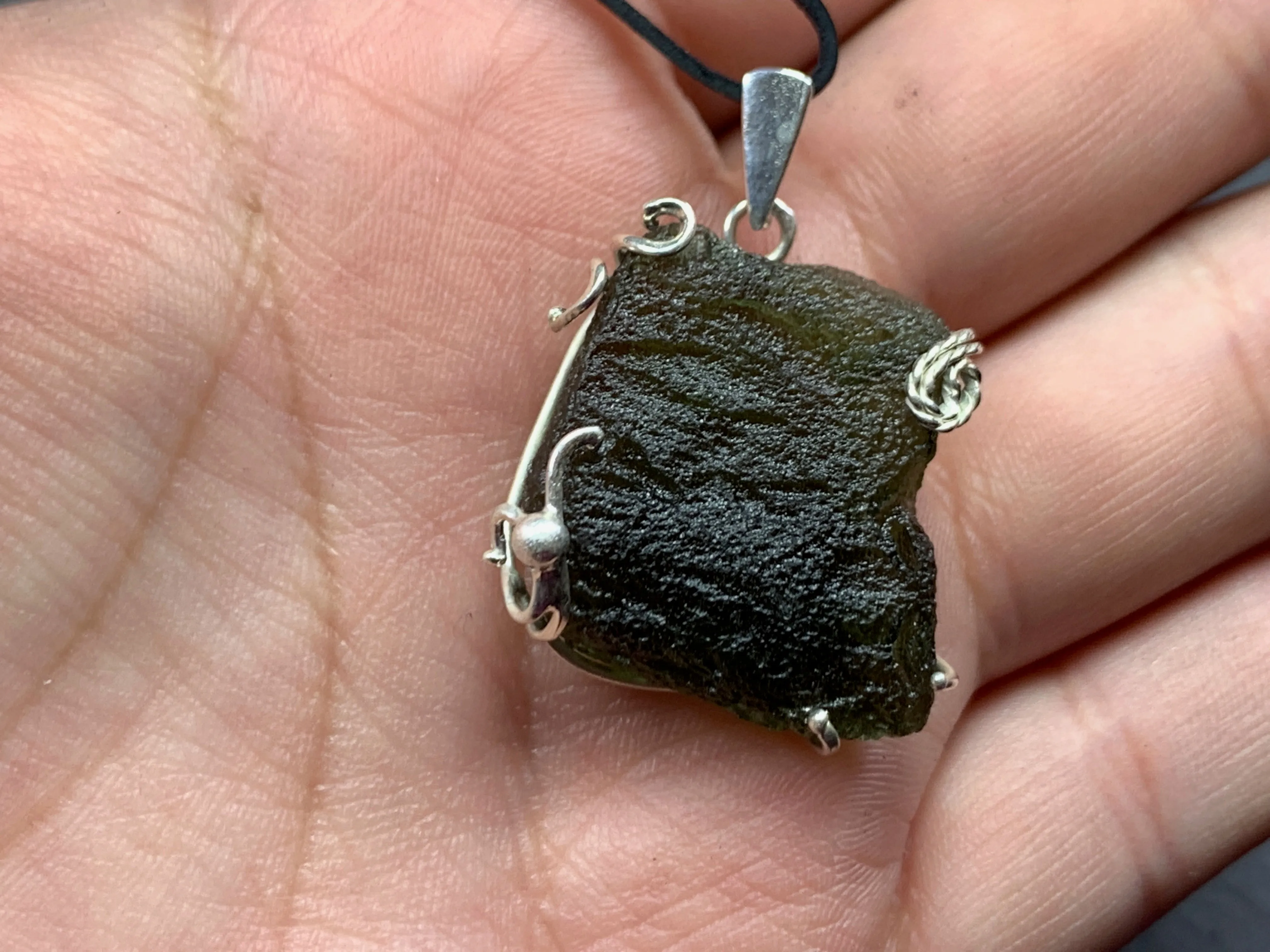 Raw Moldavite pendant in Sterling Silver