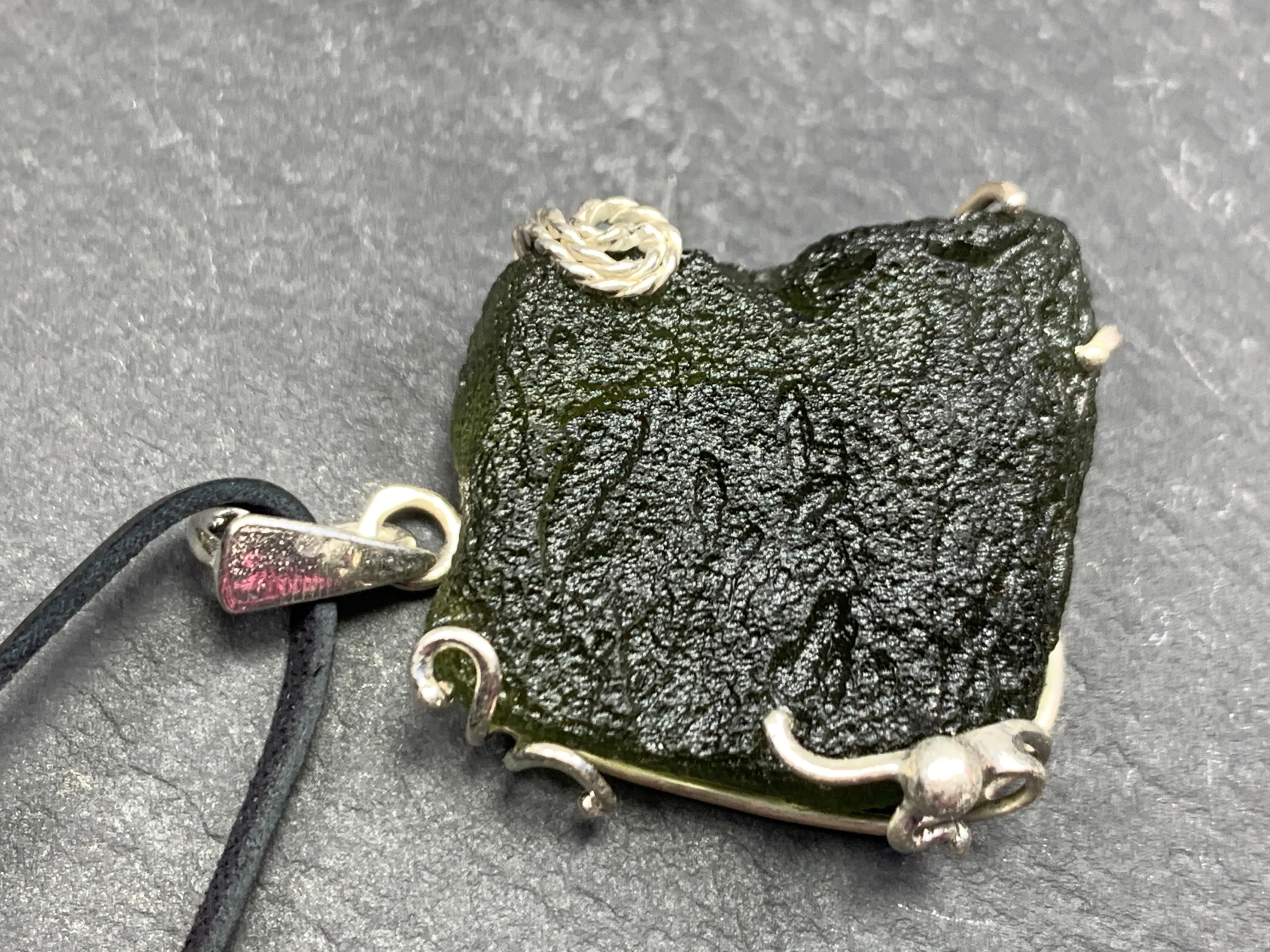 Raw Moldavite pendant in Sterling Silver