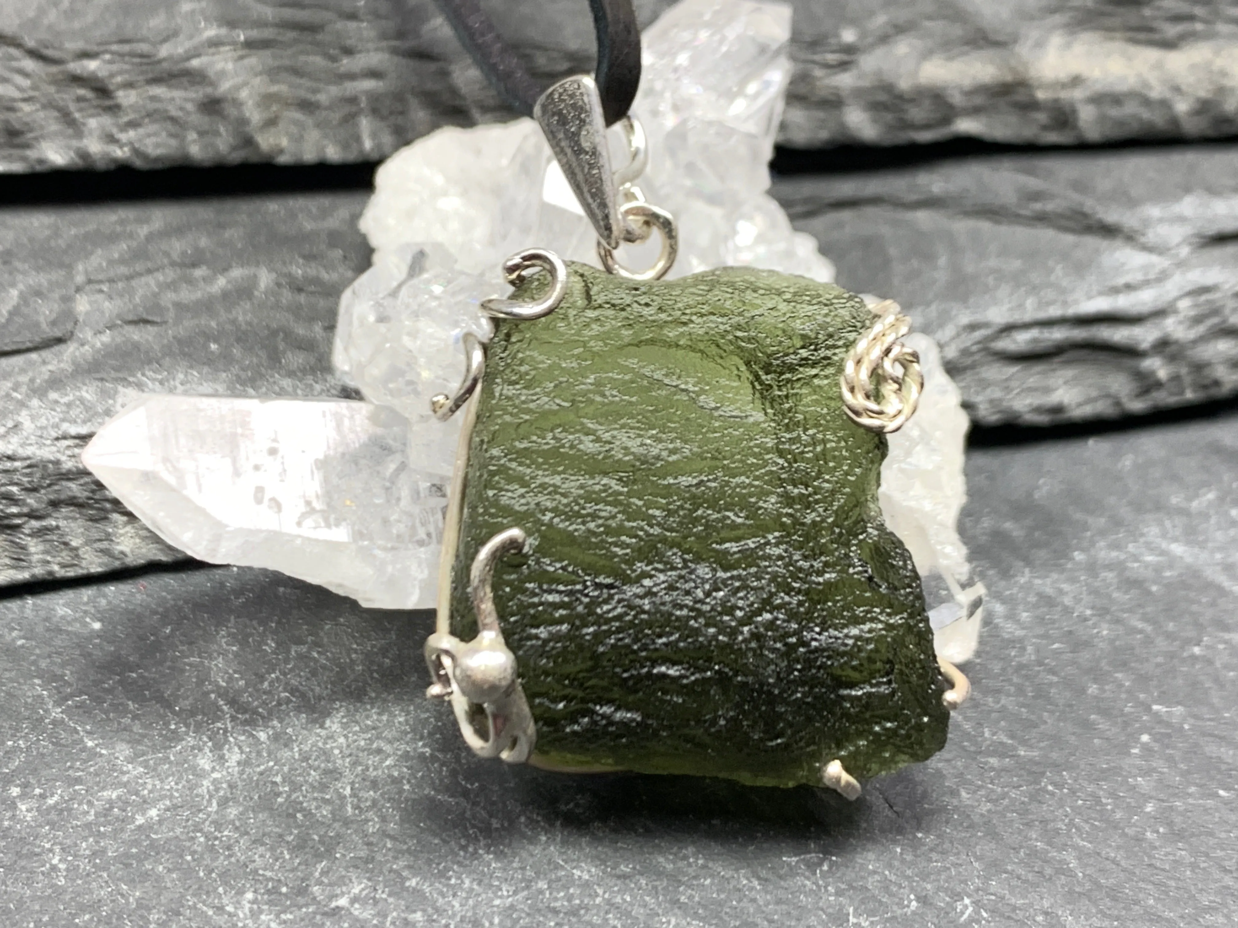 Raw Moldavite pendant in Sterling Silver