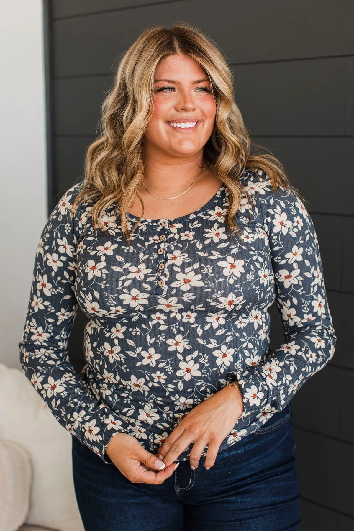Real Love Lasts Floral Henley Top- Navy