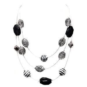 RHODIUM MULTI BLACK AND WHITE STRIPED BEADS THREE-STRAND SILVER ILLUSION NECKLACE  #SC31716_RHOD-BLK