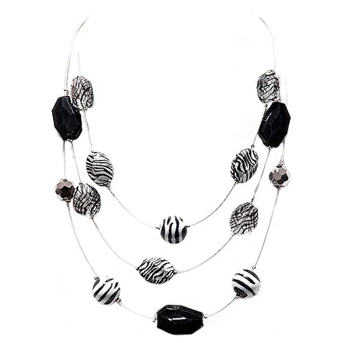 RHODIUM MULTI BLACK AND WHITE STRIPED BEADS THREE-STRAND SILVER ILLUSION NECKLACE  #SC31716_RHOD-BLK