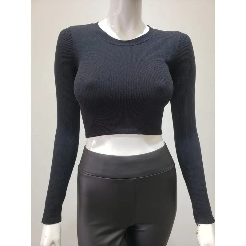 Ribbed Round Neck Long Sleeve Crop Top