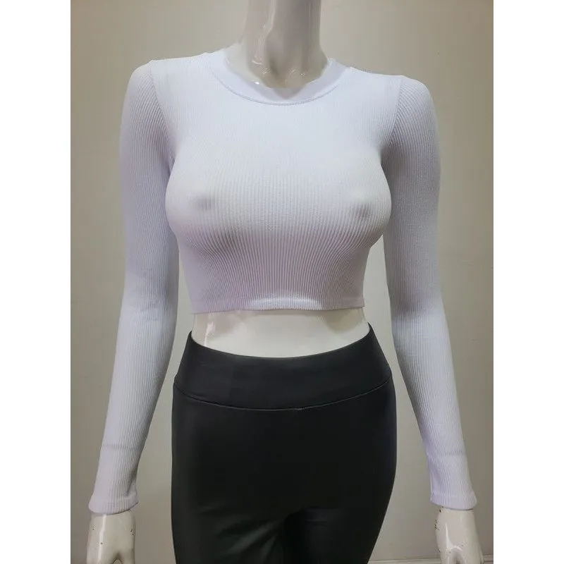 Ribbed Round Neck Long Sleeve Crop Top