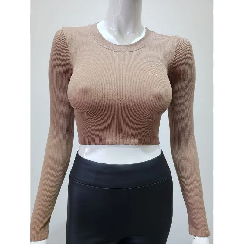 Ribbed Round Neck Long Sleeve Crop Top