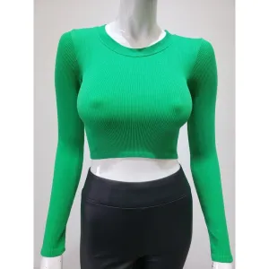 Ribbed Round Neck Long Sleeve Crop Top