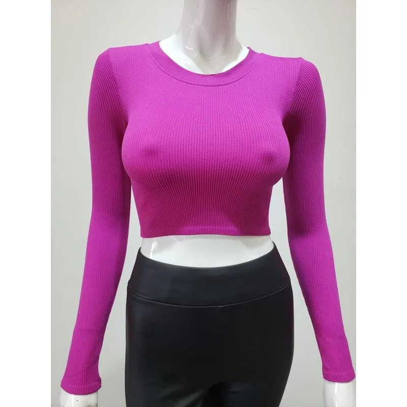 Ribbed Round Neck Long Sleeve Crop Top