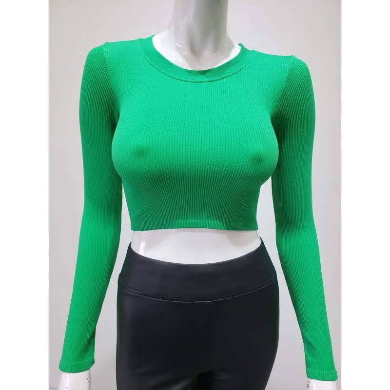 Ribbed Round Neck Long Sleeve Crop Top