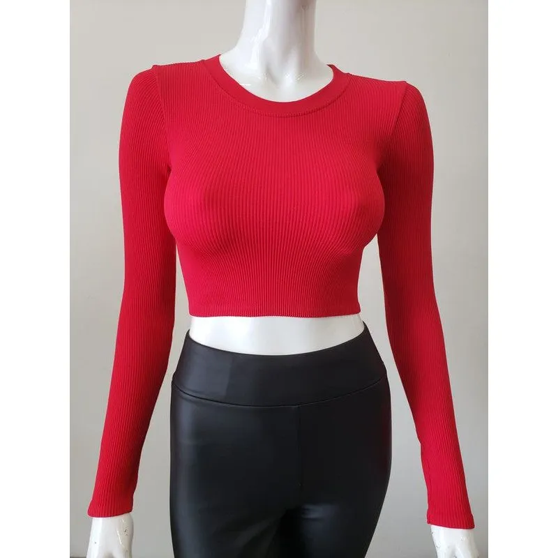 Ribbed Round Neck Long Sleeve Crop Top