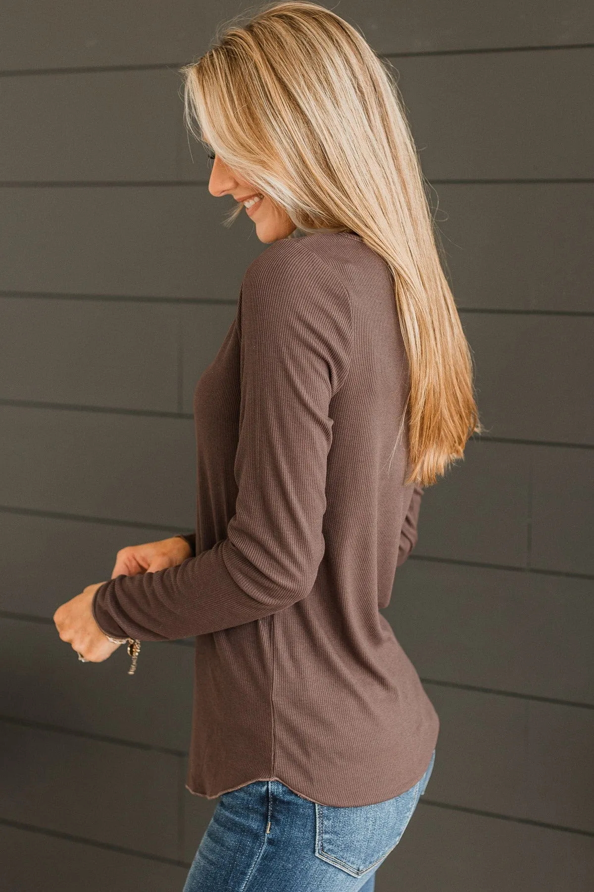Rise To The Top Knit Henley Top- Dark Brown
