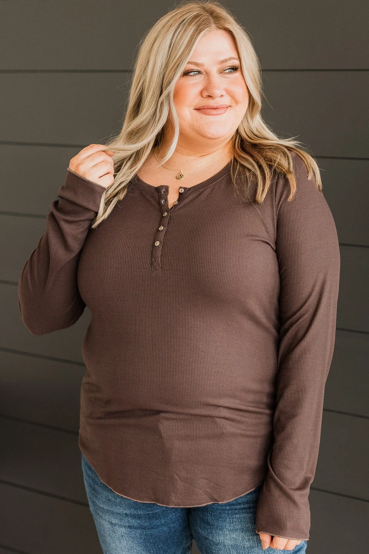 Rise To The Top Knit Henley Top- Dark Brown