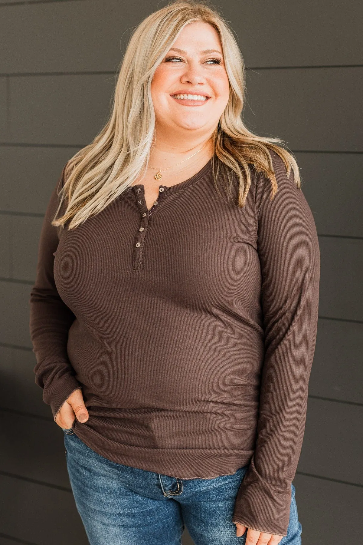Rise To The Top Knit Henley Top- Dark Brown
