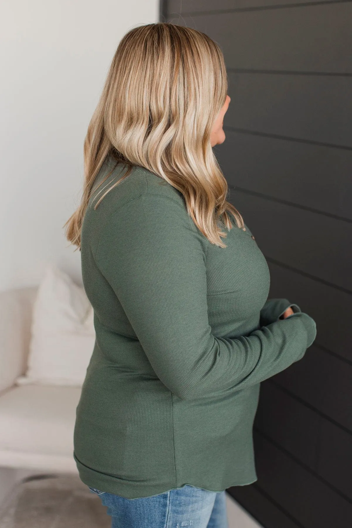 Rise To The Top Knit Henley Top- Dark Sage