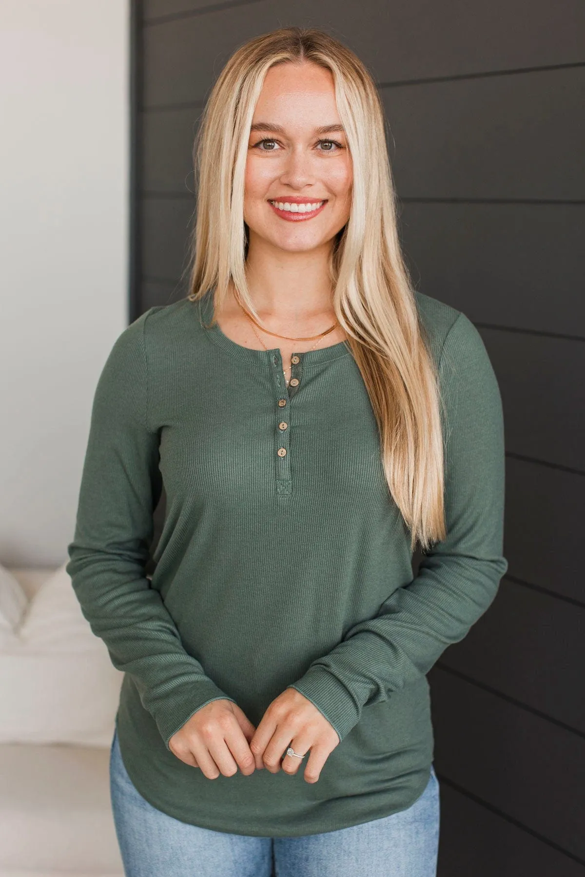 Rise To The Top Knit Henley Top- Dark Sage
