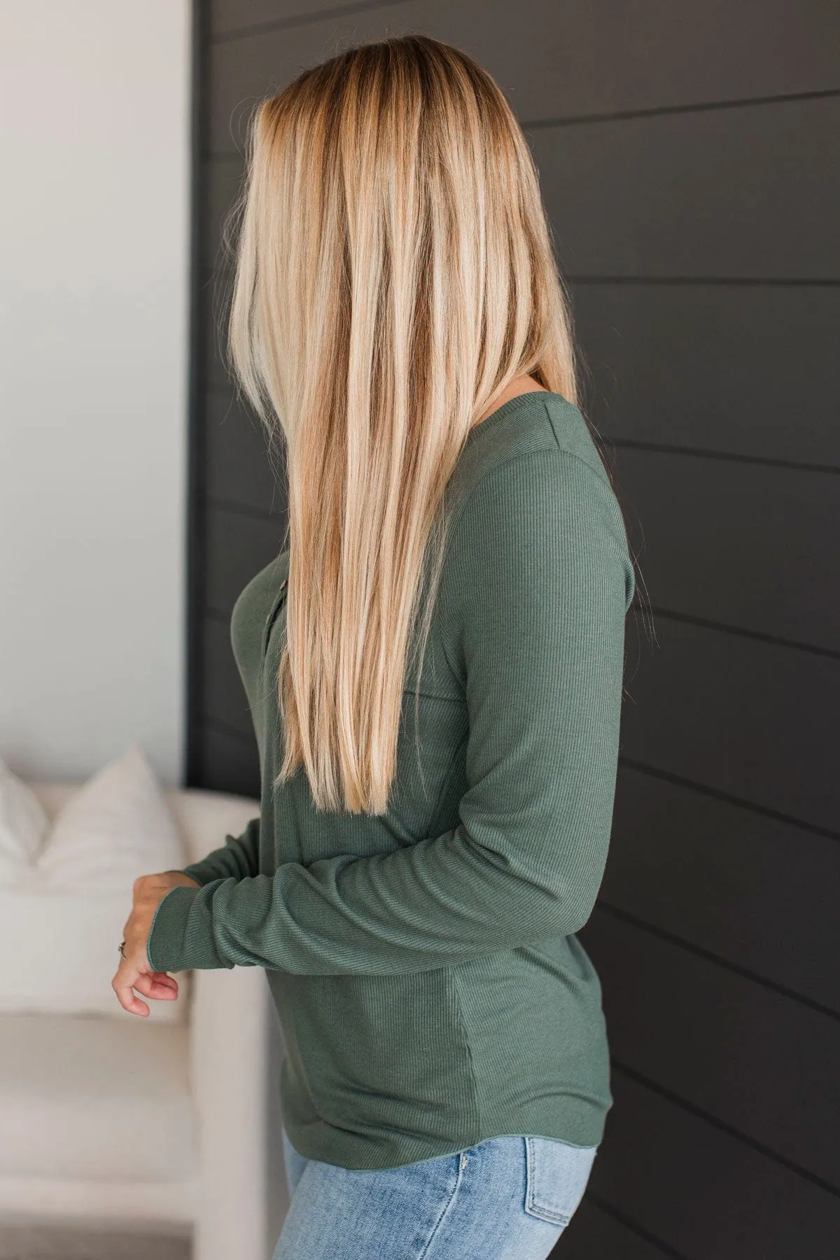 Rise To The Top Knit Henley Top- Dark Sage