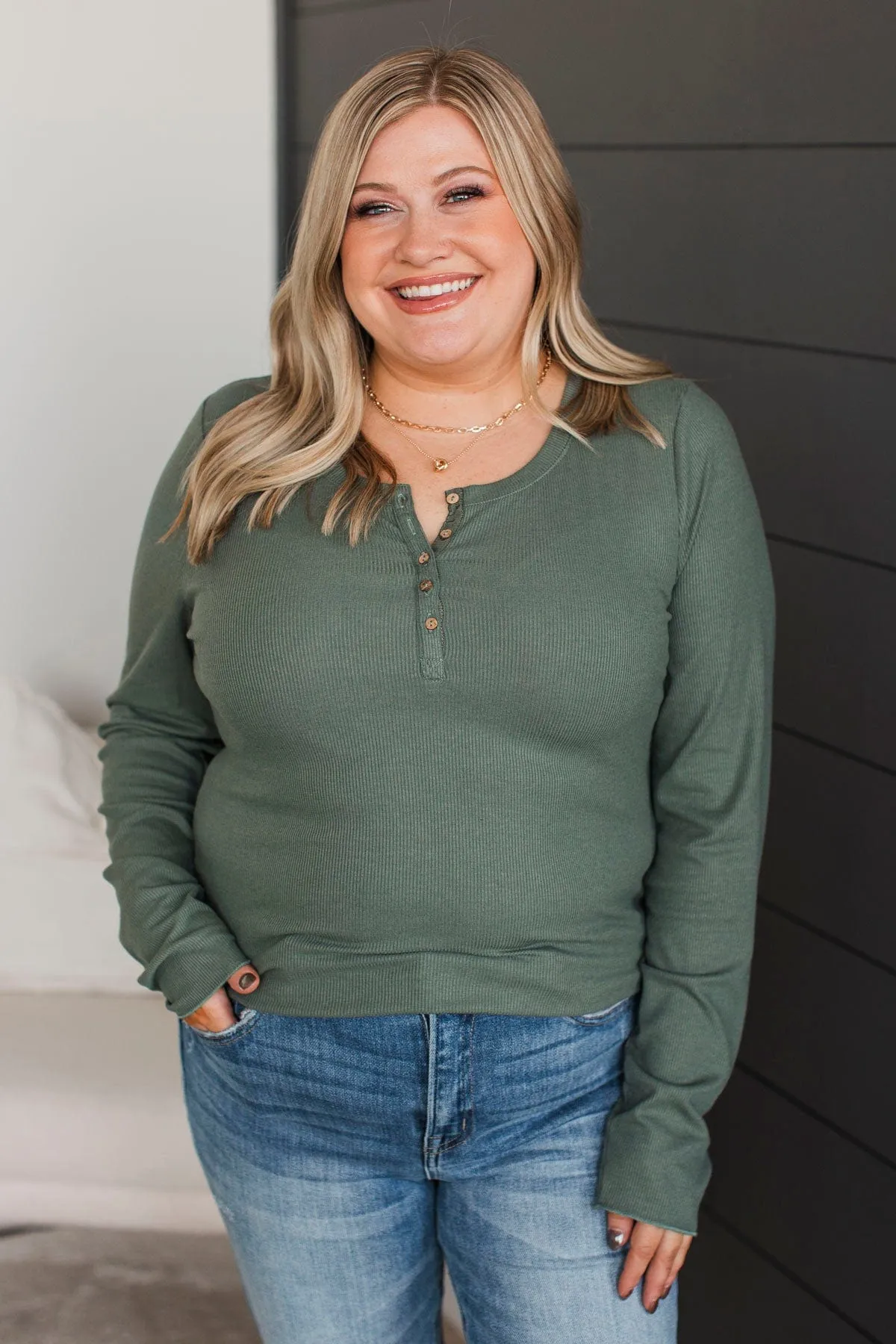 Rise To The Top Knit Henley Top- Dark Sage