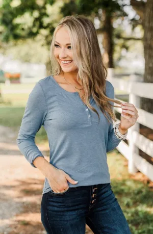 Rise To The Top Long Sleeve Henley Top- Denim Blue