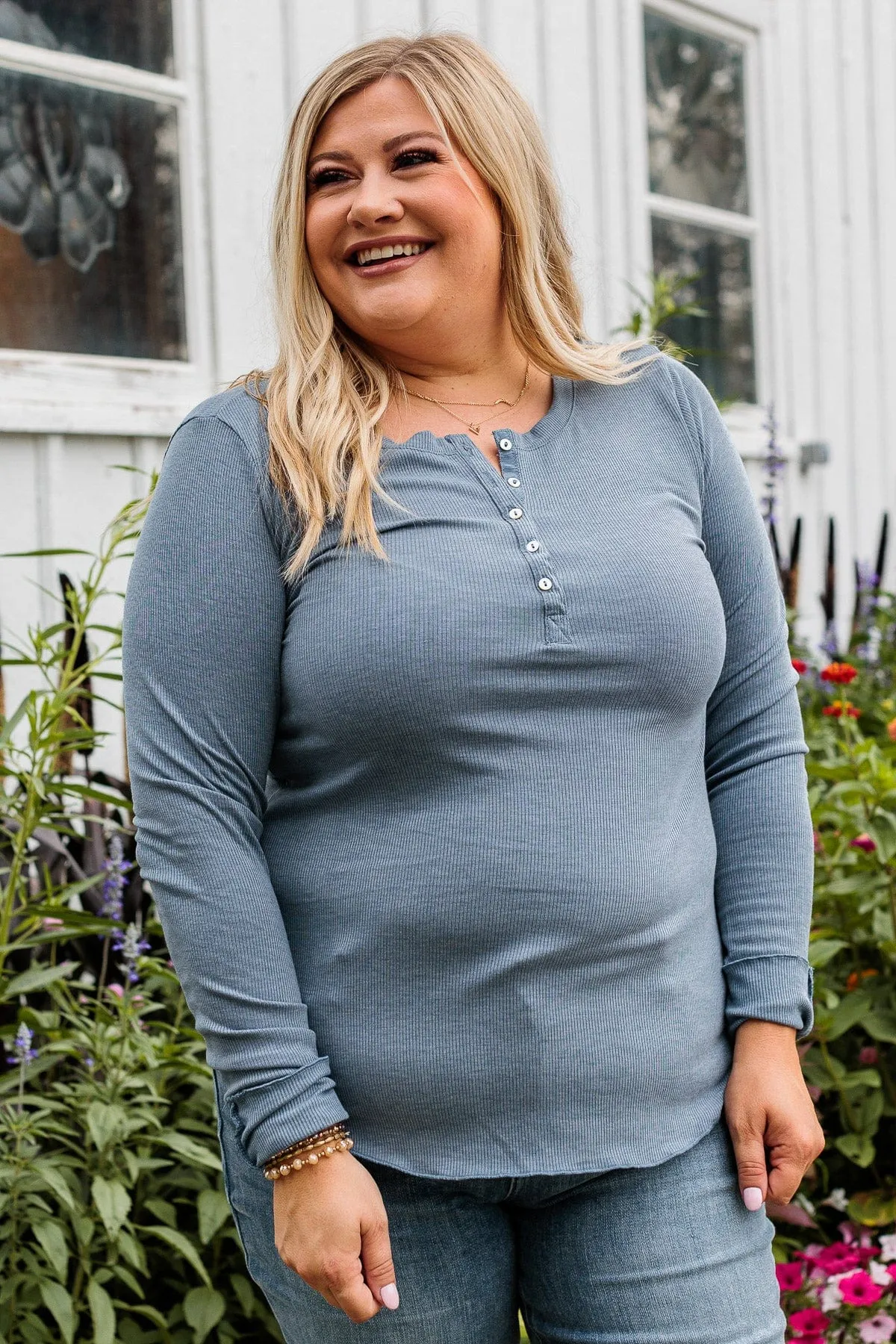 Rise To The Top Long Sleeve Henley Top- Denim Blue