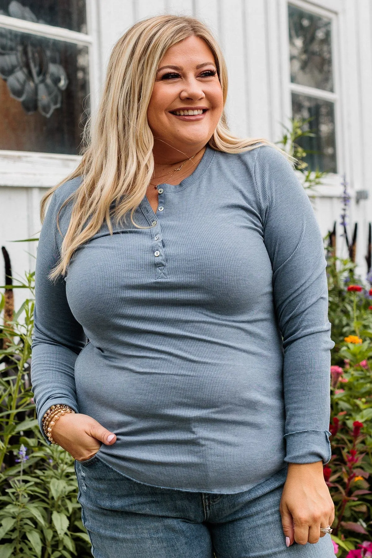Rise To The Top Long Sleeve Henley Top- Denim Blue