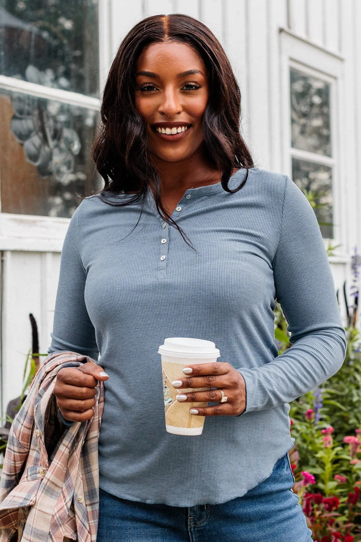 Rise To The Top Long Sleeve Henley Top- Denim Blue