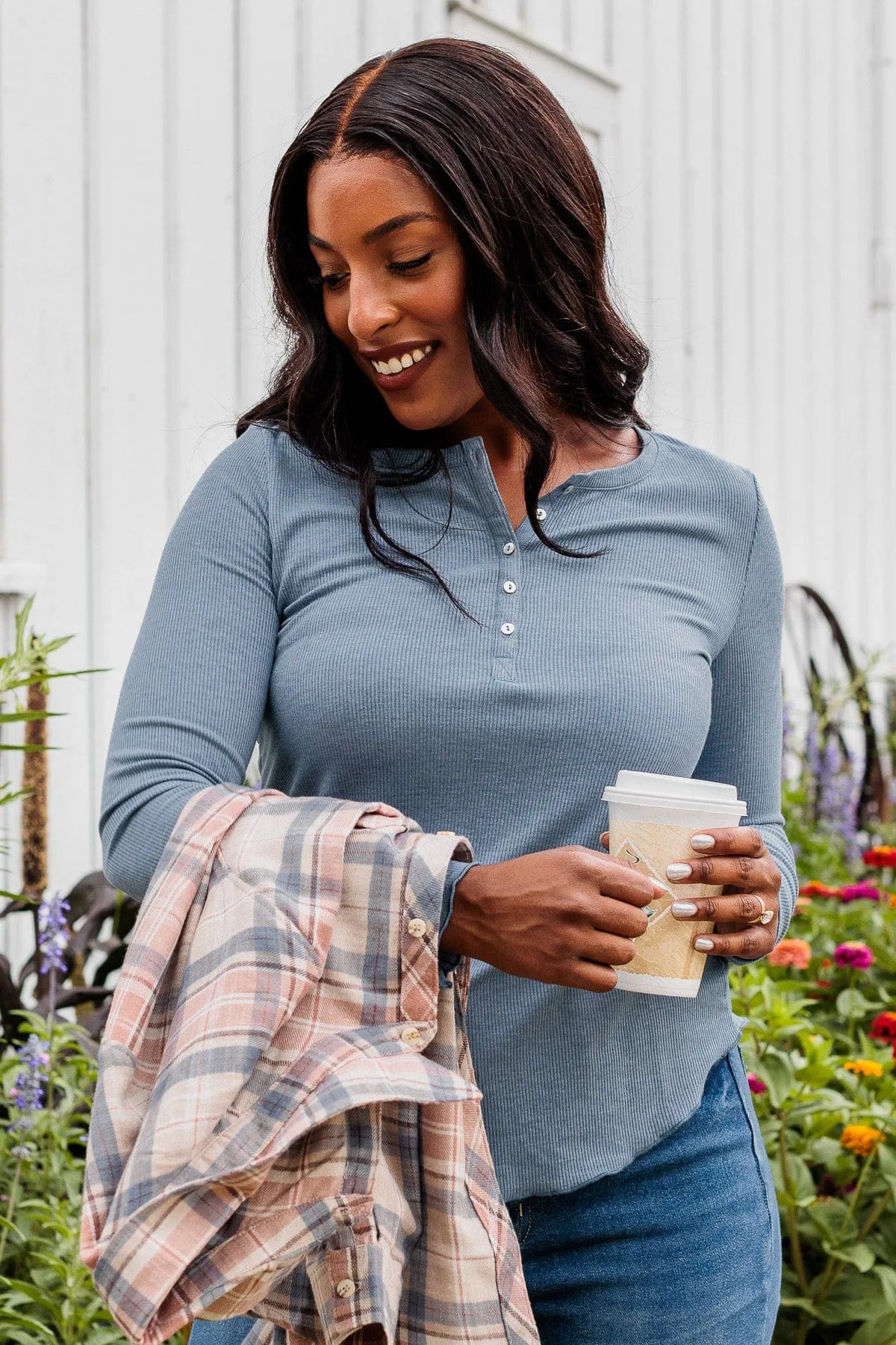 Rise To The Top Long Sleeve Henley Top- Denim Blue