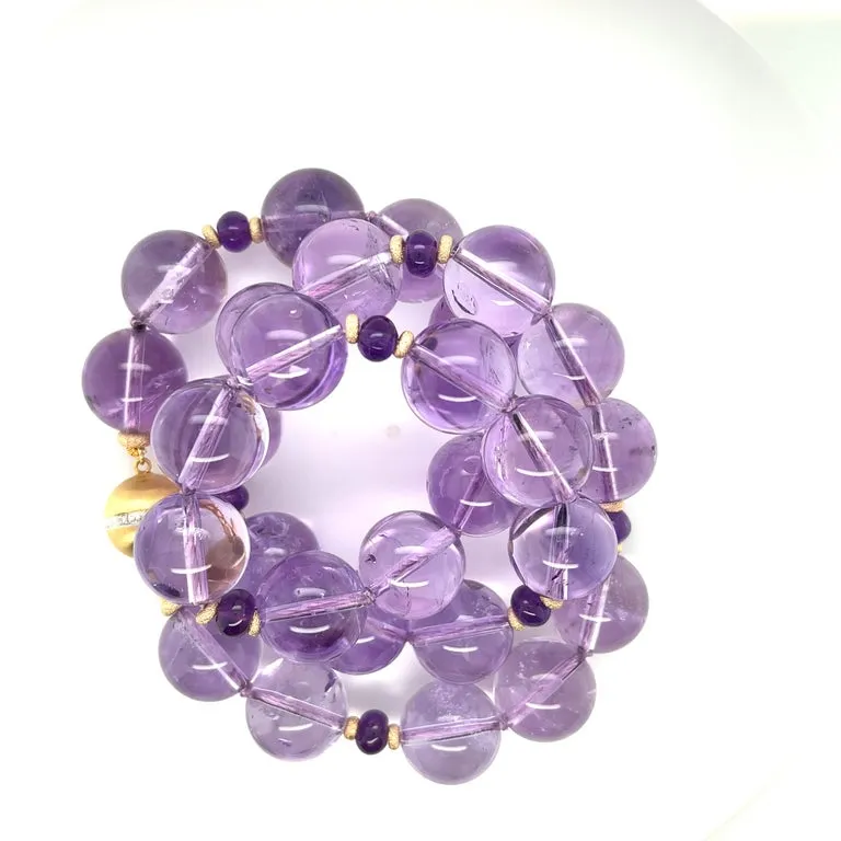 Round Amethyst Beaded Necklace, Amethyst, Yellow Gold Spacers & Clasp