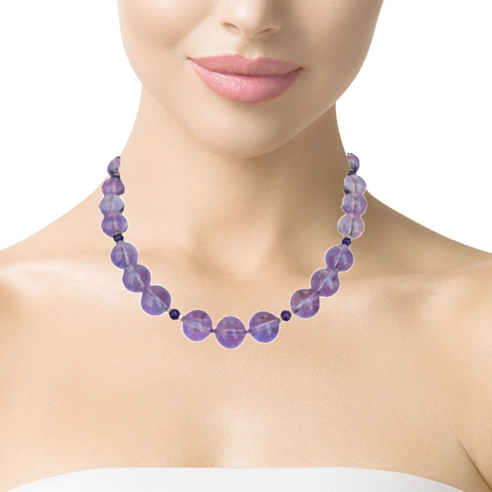 Round Amethyst Beaded Necklace, Amethyst, Yellow Gold Spacers & Clasp