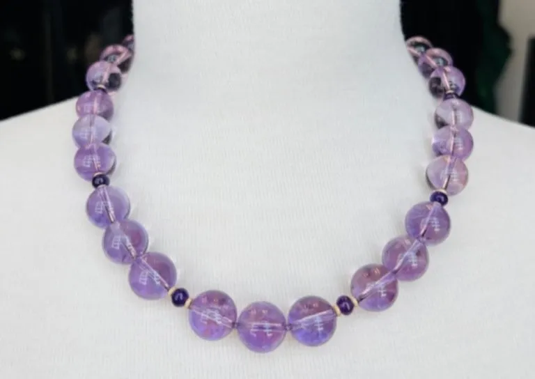 Round Amethyst Beaded Necklace, Amethyst, Yellow Gold Spacers & Clasp