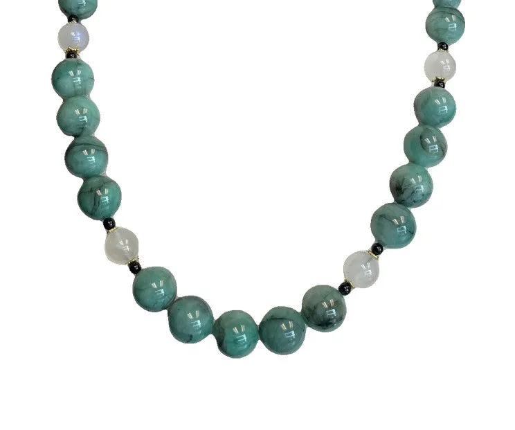Round Natural Emerald Beads with Moonstone & Onyx, Yellow Gold Accents