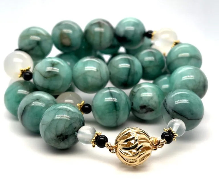 Round Natural Emerald Beads with Moonstone & Onyx, Yellow Gold Accents