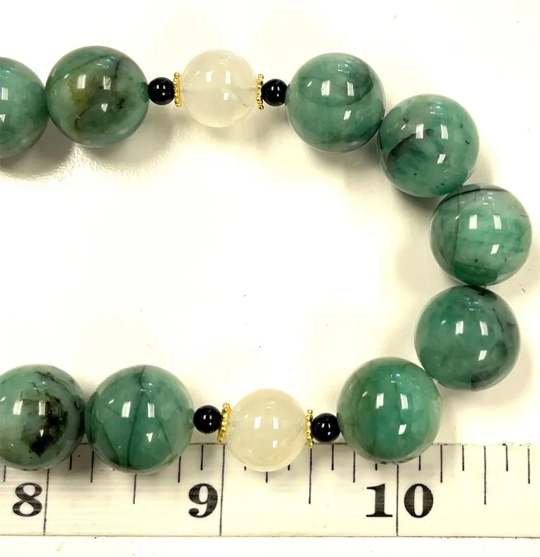 Round Natural Emerald Beads with Moonstone & Onyx, Yellow Gold Accents