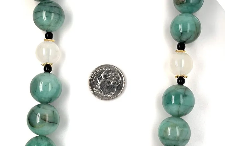 Round Natural Emerald Beads with Moonstone & Onyx, Yellow Gold Accents