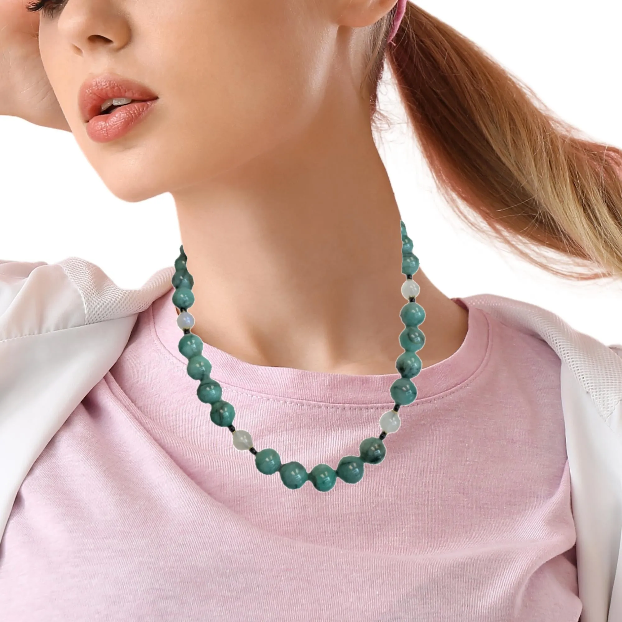 Round Natural Emerald Beads with Moonstone & Onyx, Yellow Gold Accents