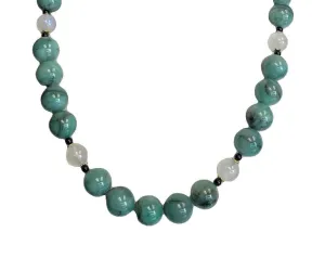 Round Natural Emerald Beads with Moonstone & Onyx, Yellow Gold Accents