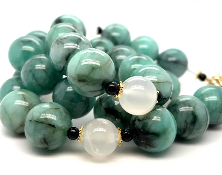 Round Natural Emerald Beads with Moonstone & Onyx, Yellow Gold Accents