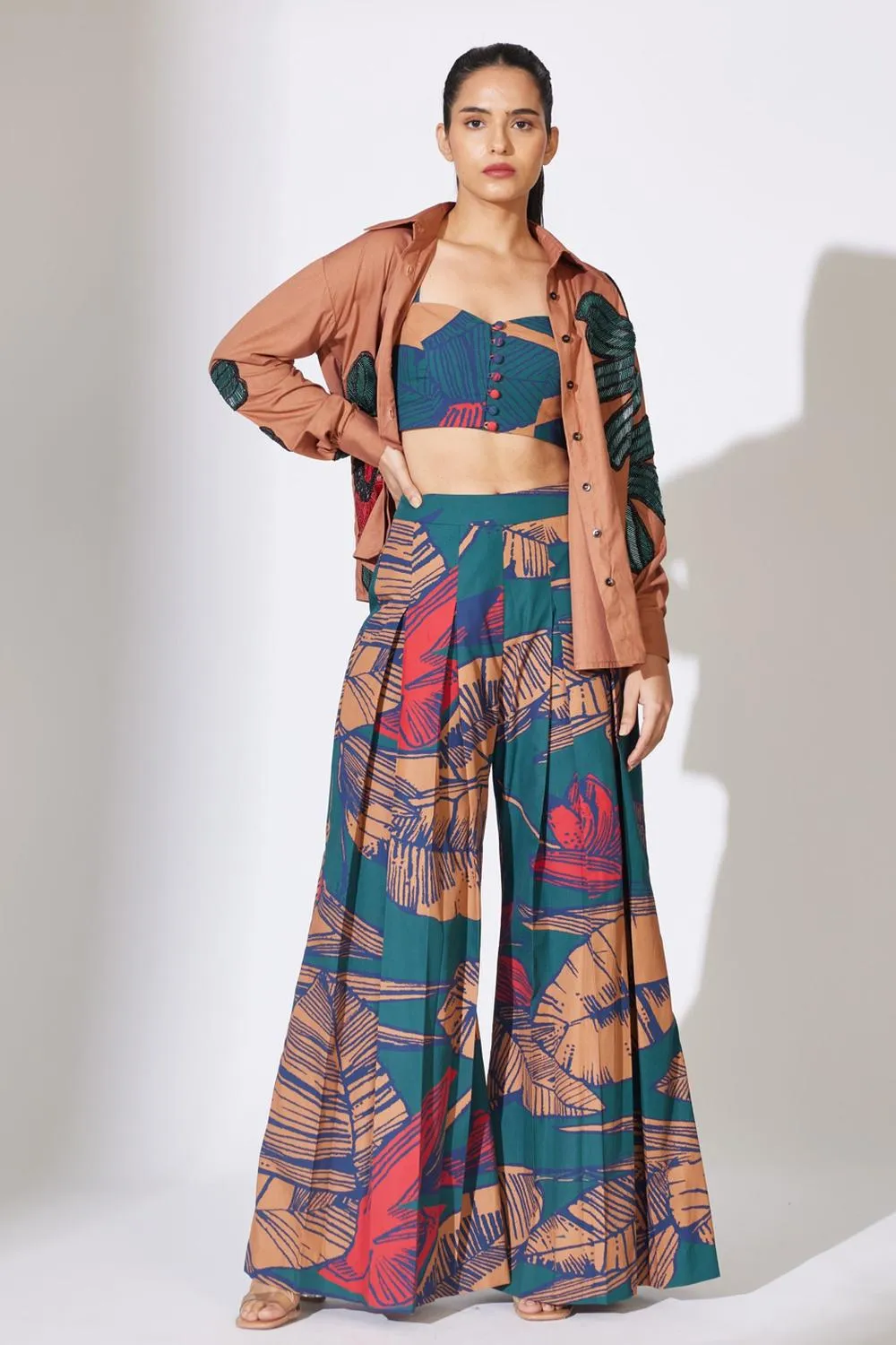 Rust, Blue And Red Floral Pleated Pants