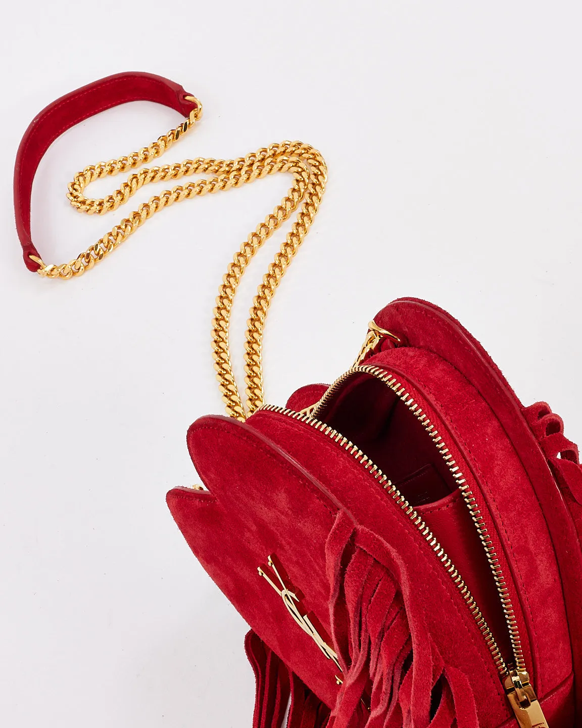 Saint Laurent Red Suede Love Heart Fringed Shoulder Bag