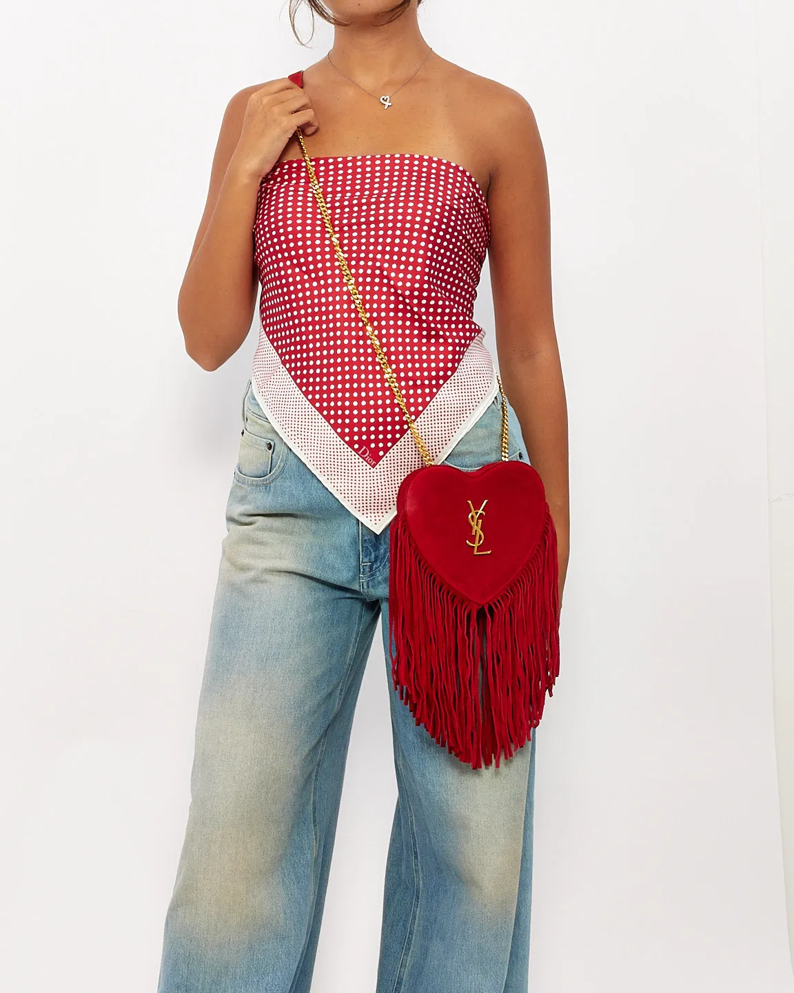 Saint Laurent Red Suede Love Heart Fringed Shoulder Bag