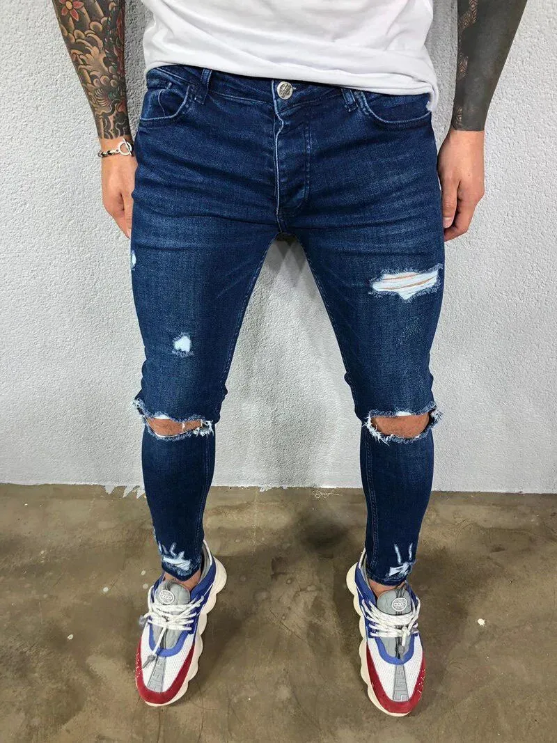 SchwarzBlau Herren Biker-Jeans mit Zerrissenen Knieöffnungen und Engem Schnitt
