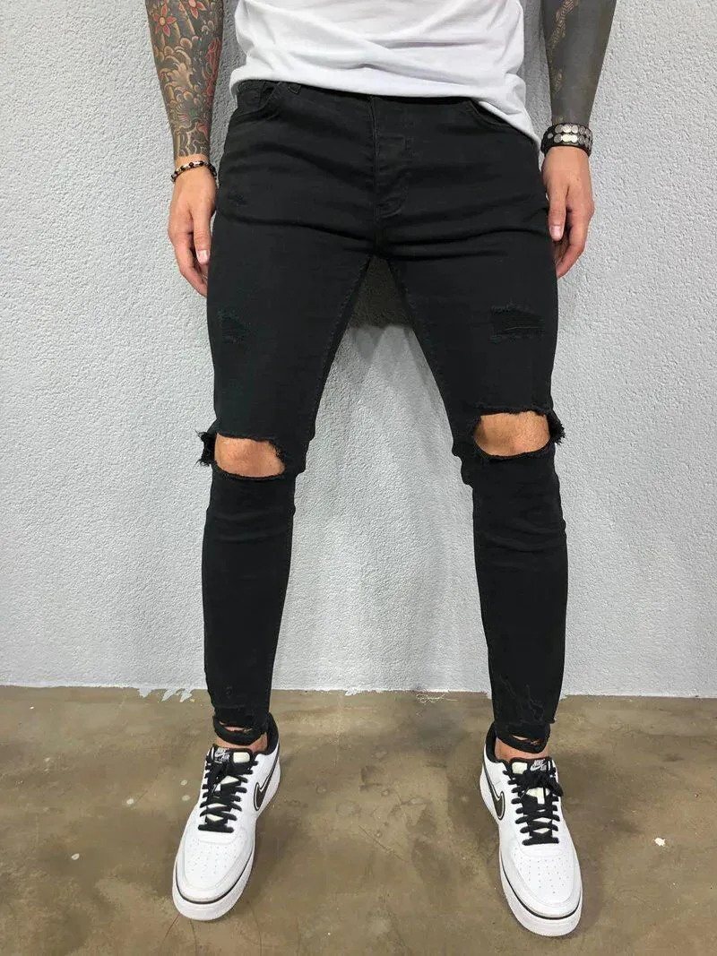 SchwarzBlau Herren Biker-Jeans mit Zerrissenen Knieöffnungen und Engem Schnitt