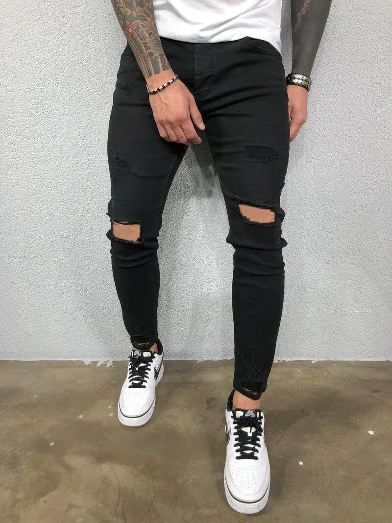 SchwarzBlau Herren Biker-Jeans mit Zerrissenen Knieöffnungen und Engem Schnitt