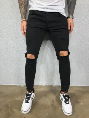 SchwarzBlau Herren Biker-Jeans mit Zerrissenen Knieöffnungen und Engem Schnitt