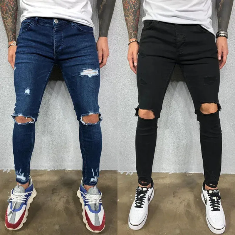 SchwarzBlau Herren Biker-Jeans mit Zerrissenen Knieöffnungen und Engem Schnitt