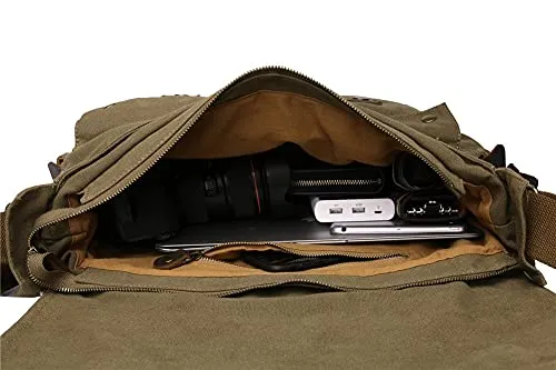 Sechunk Vintage Military Leather Canvas Laptop Bag Messenger Bags Medium （Army Green）