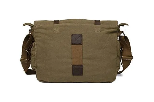 Sechunk Vintage Military Leather Canvas Laptop Bag Messenger Bags Medium （Army Green）
