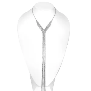 SILVER CRYSTAL TASSEL LONG NECKLACE #SWKK-7155RHO (NA16)