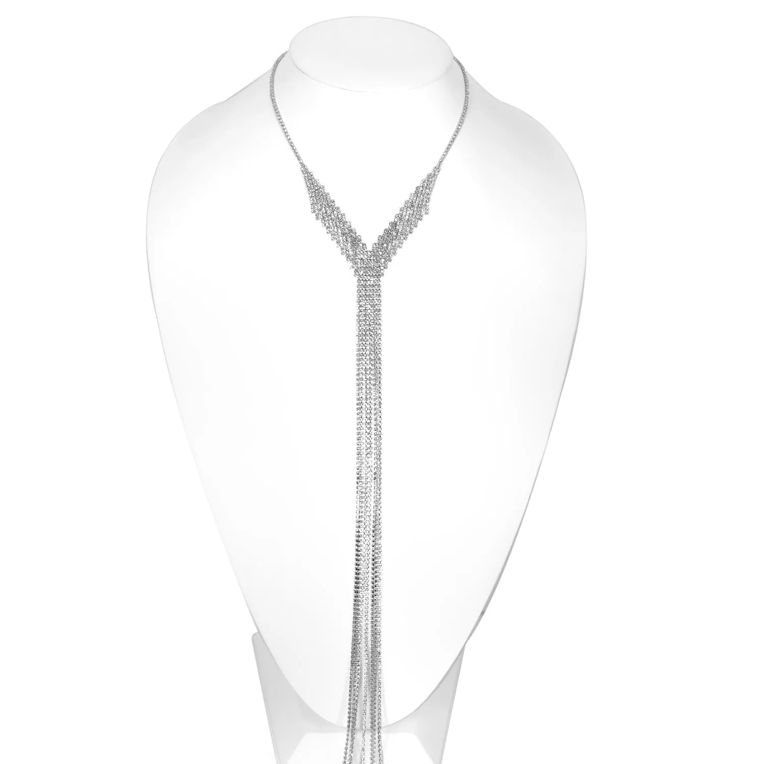 SILVER CRYSTAL TASSEL LONG NECKLACE #SWKK-7155RHO (NA16)
