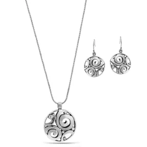 SILVER FILIGREE ROUND PENDANT NECKLACE AND EARRINGS SET#SWKK-11926A SIL (HH4)