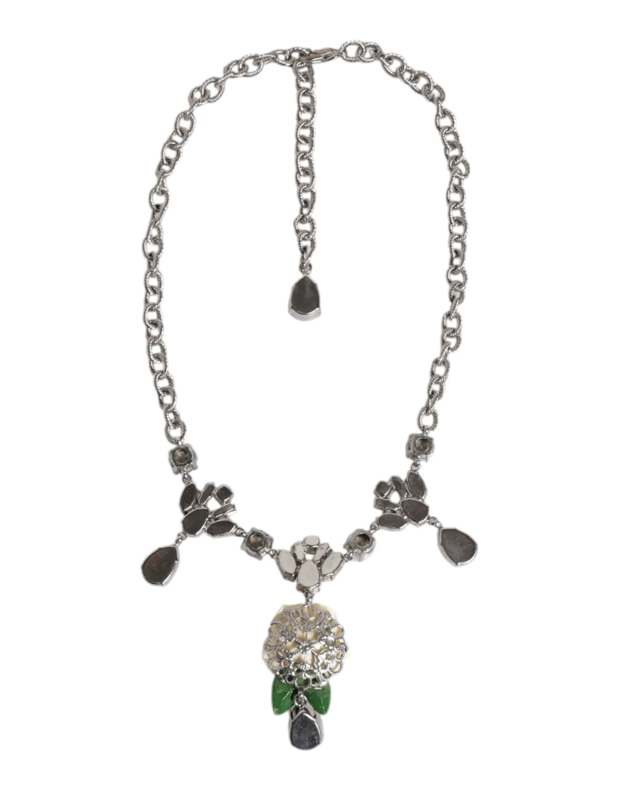 Silver Tone Brass Clear Crystal Roses Pendants Necklace